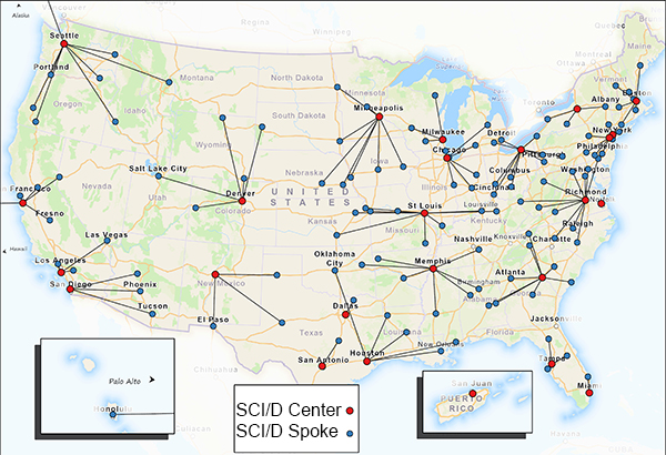 SCI/D Hub and Spokes map Map showing SCI Centers and Spoke sites